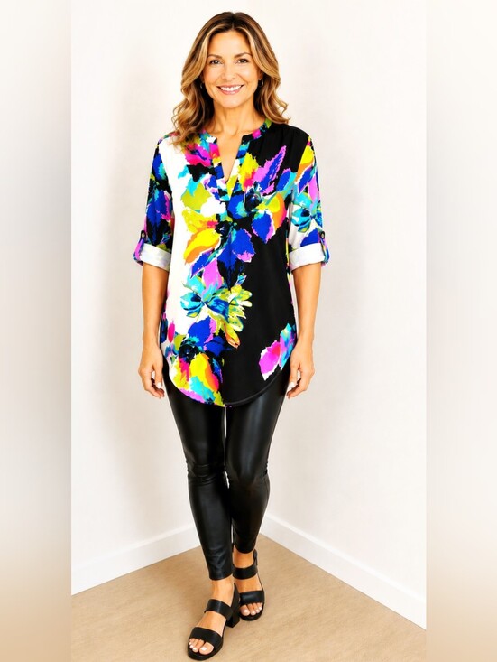 Joan Vass Tops - Joan Vass Multicolor Floral Split V-Neck Tunic with Roll-Tab Sleeves, Size Large